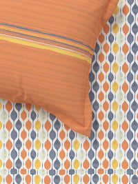 MYTRIDENT Orange  White Geometric Cotton 144 TC Queen Bedsheet With 2 Pillow Covers