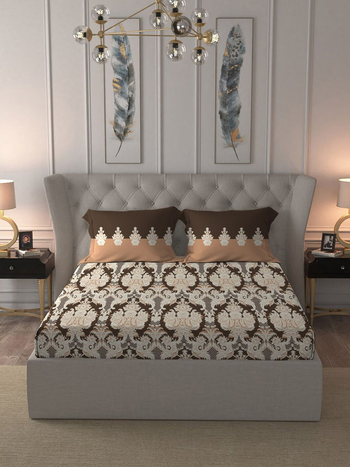 MYTRIDENT Brown  White Ethnic Motifs Cotton 144 TC Queen Bedsheet With 2 Pillow Covers