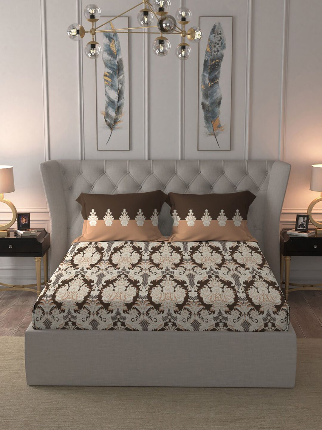 MYTRIDENT Brown  White Ethnic Motifs Cotton 144 TC Queen Bedsheet With 2 Pillow Covers