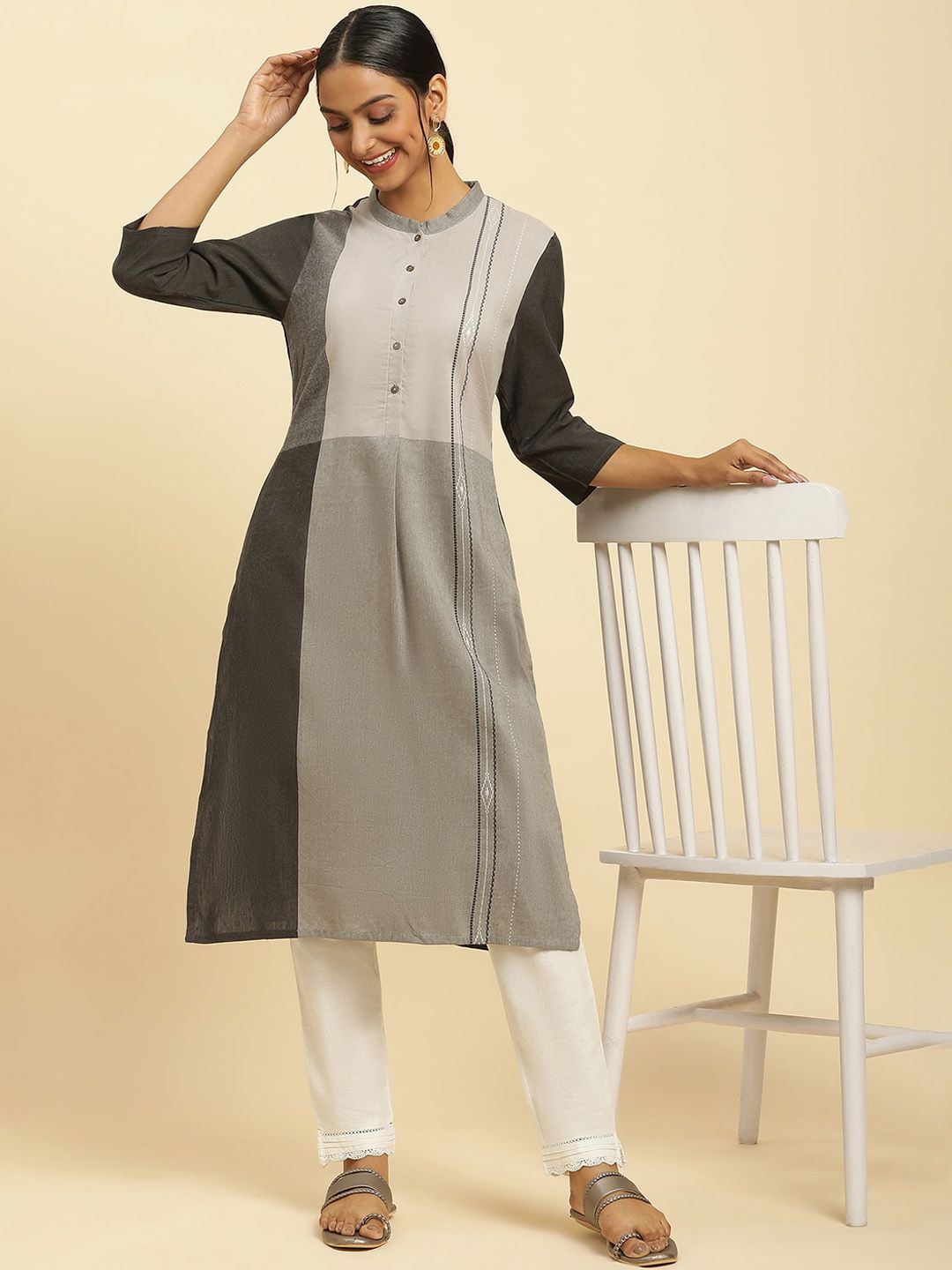 W Grey Mandarin Collar Straight Kurta