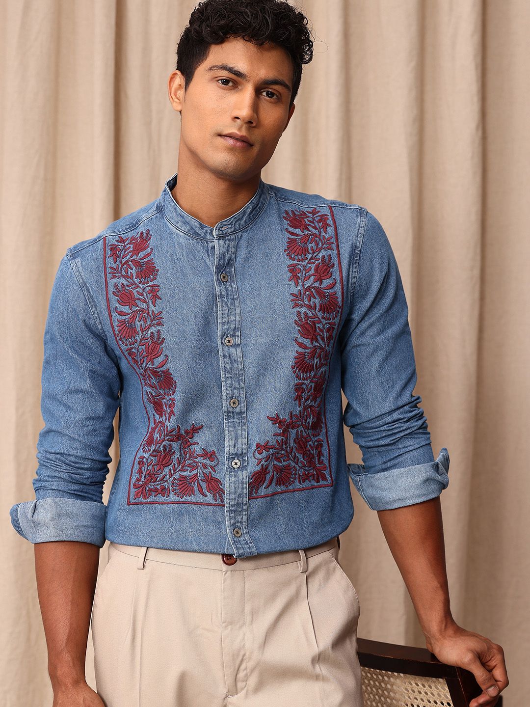 Mr Bowerbird Pure Cotton Tailored Fit Band Collar Floral Embroidered Chambray Casual Shirt