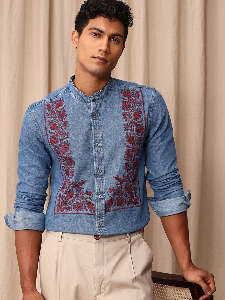 Mr Bowerbird Pure Cotton Tailored Fit Band Collar Floral Embroidered Chambray Casual Shirt