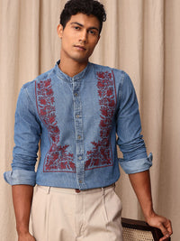 Mr Bowerbird Pure Cotton Tailored Fit Band Collar Floral Embroidered Chambray Casual Shirt