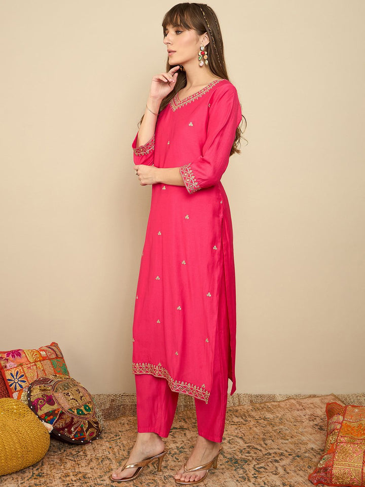 Indo Era Floral Embroidered Liva Straight Kurta With Trousers