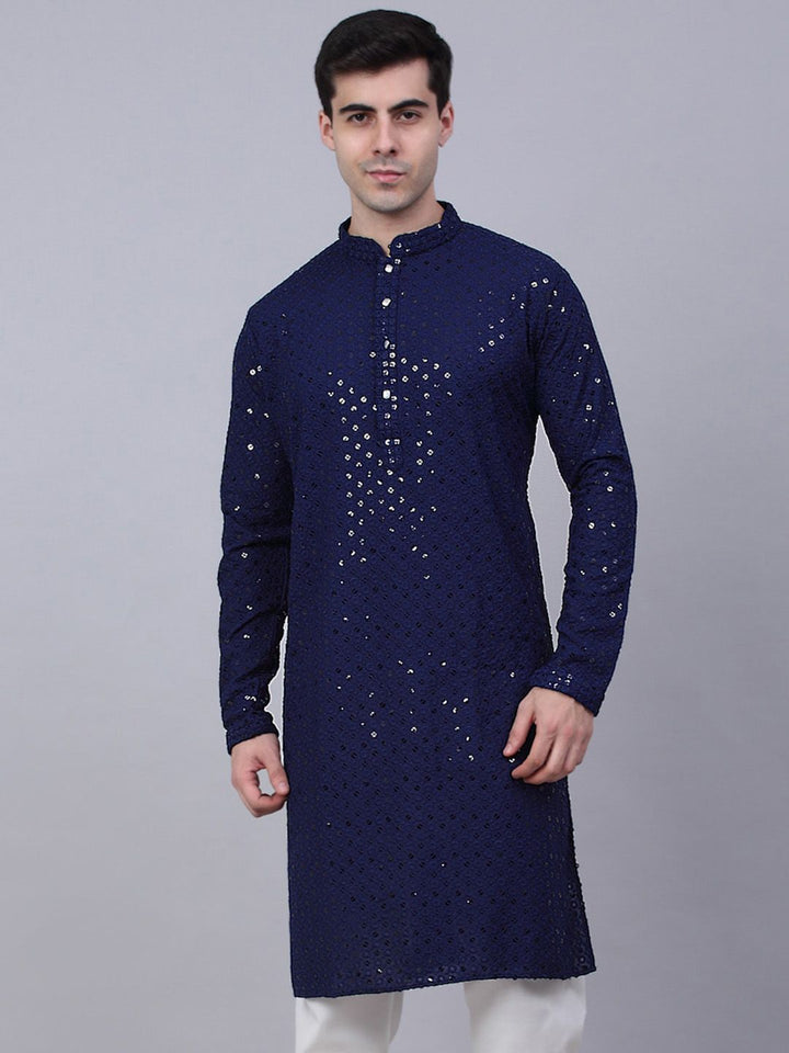 Jompers Men Ethnic Motifs Mirror Work Indigo Cotton Kurta