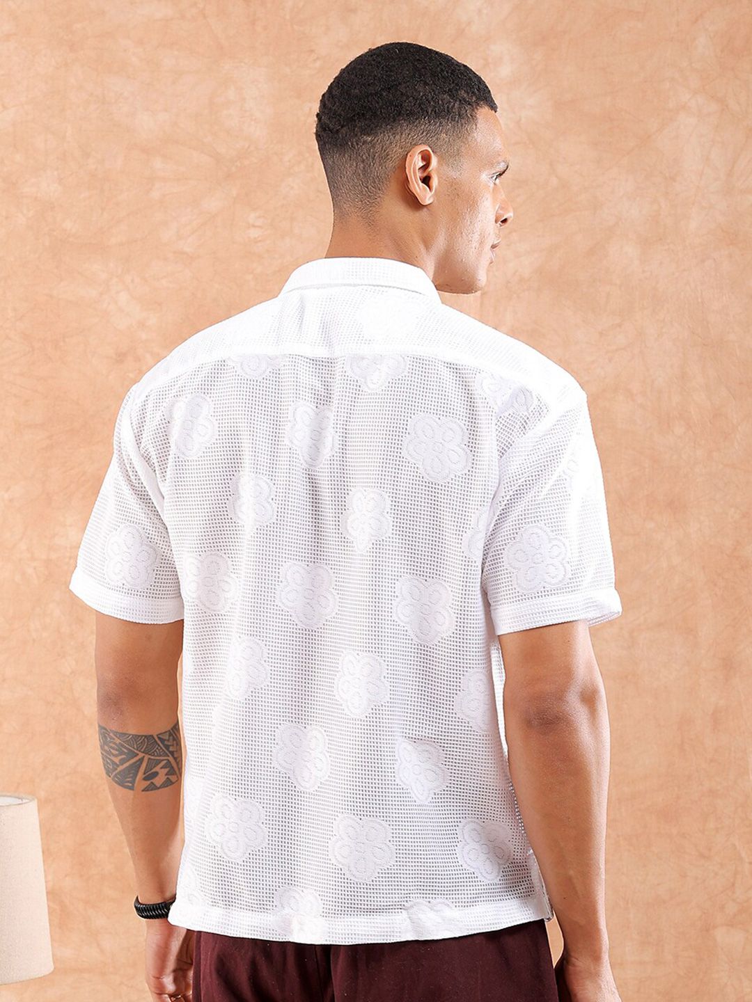The Indian Garage Co Men Relaxed Fit Solid Warp Knit Lace Resortwear Shirt