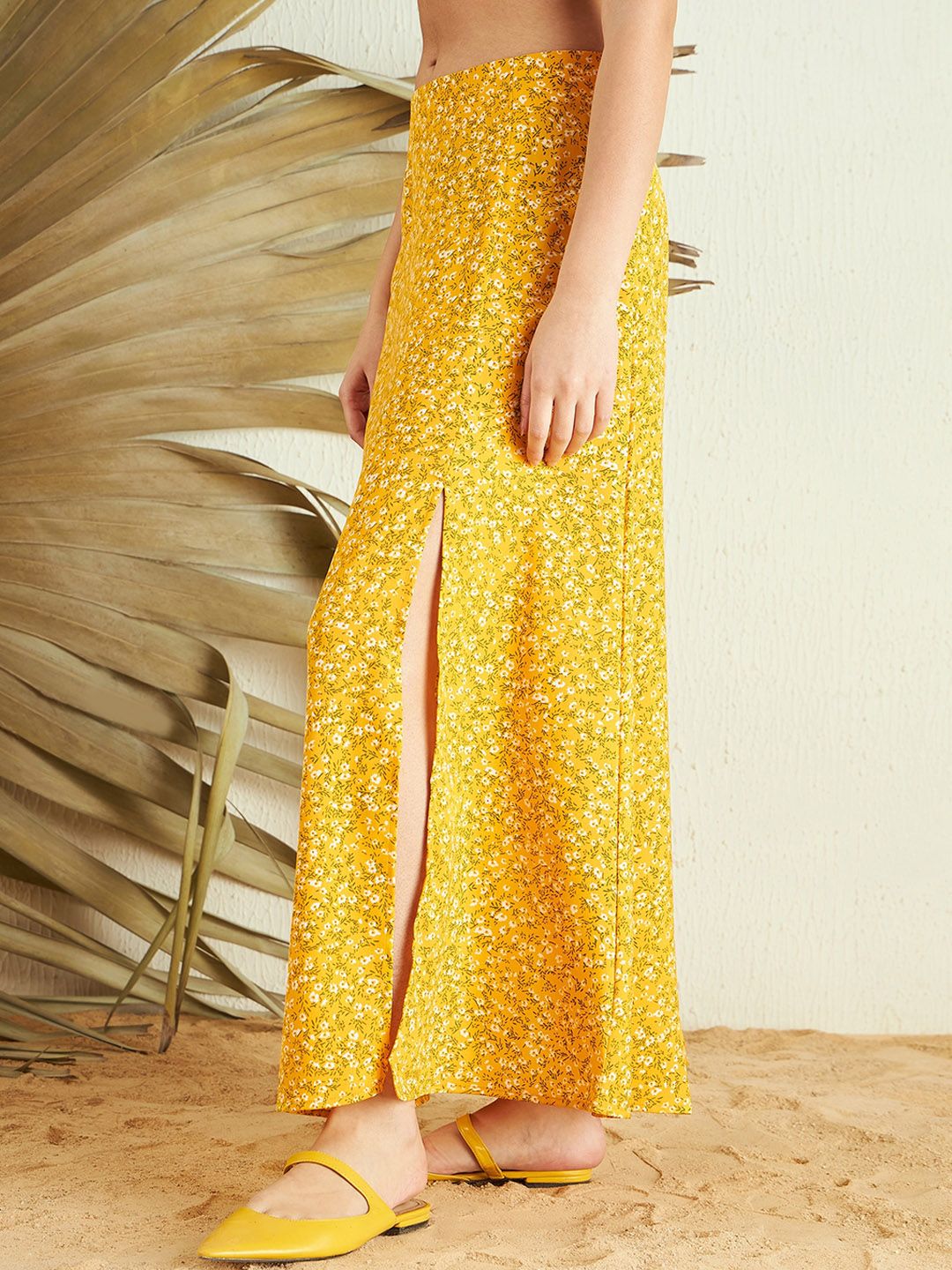 Berrylush Yellow Floral Print High Rise Side Slit A-Line Maxi Skirt