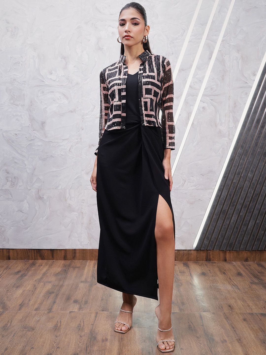 Athena Geometric Printed Embellished V-Neck Sheath Dress With Jacket