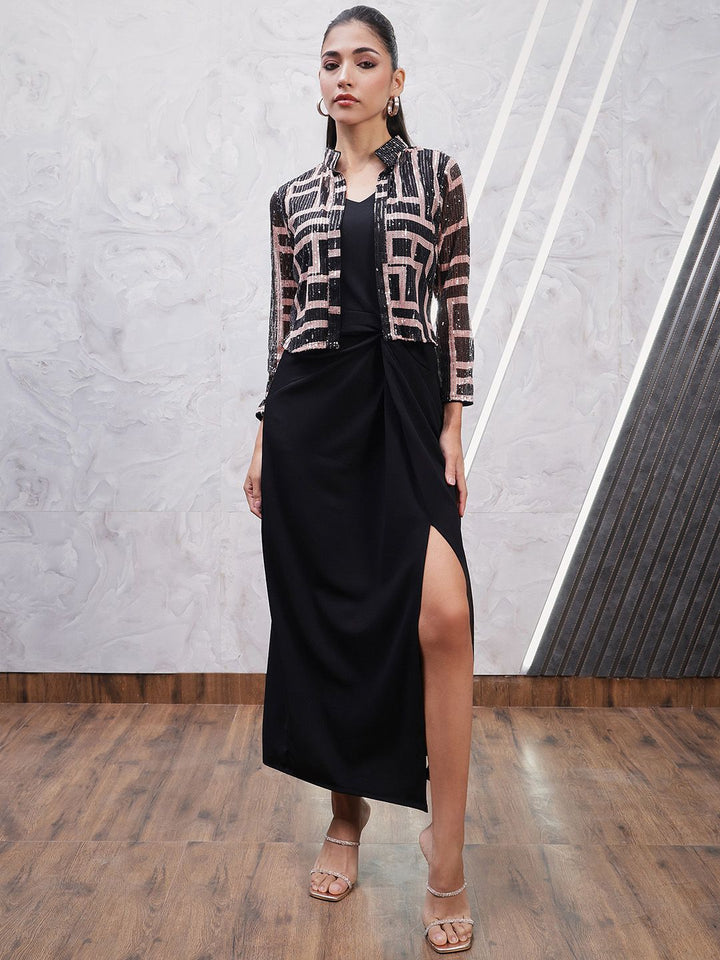 Athena Geometric Printed Embellished V-Neck Sheath Dress With Jacket