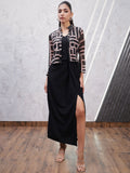 Athena Geometric Printed Embellished V-Neck Sheath Dress With Jacket