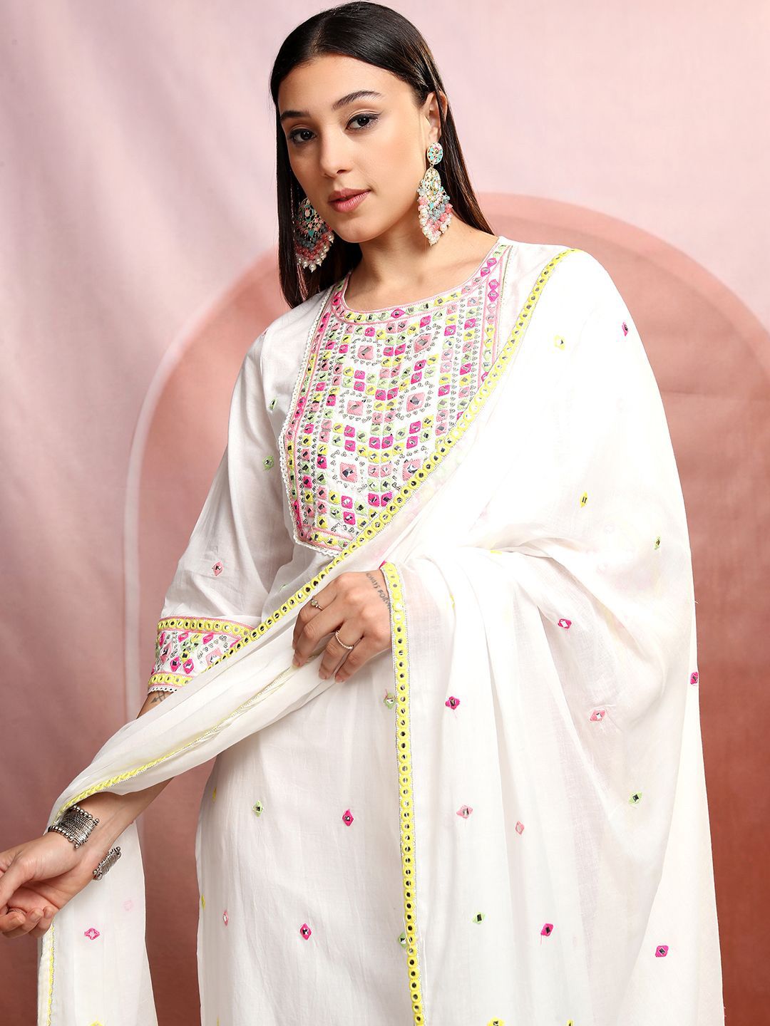 Vishudh Round Neck Ethnic Motifs Embroidered Mirror Work Pure Cotton Straight Kurta Set