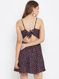 Berrylush Women Navy Blue & Red Floral Printed Fit and Flare Dress
