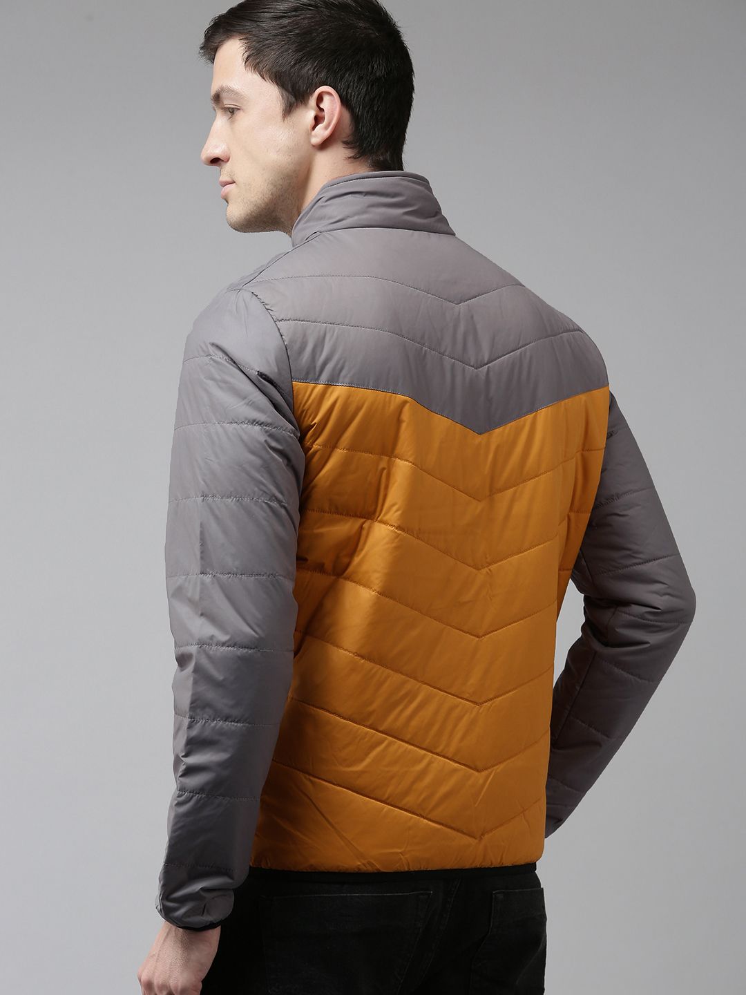 SPYKAR Men Grey & Mustard Yellow Colourblocked Padded Jacket