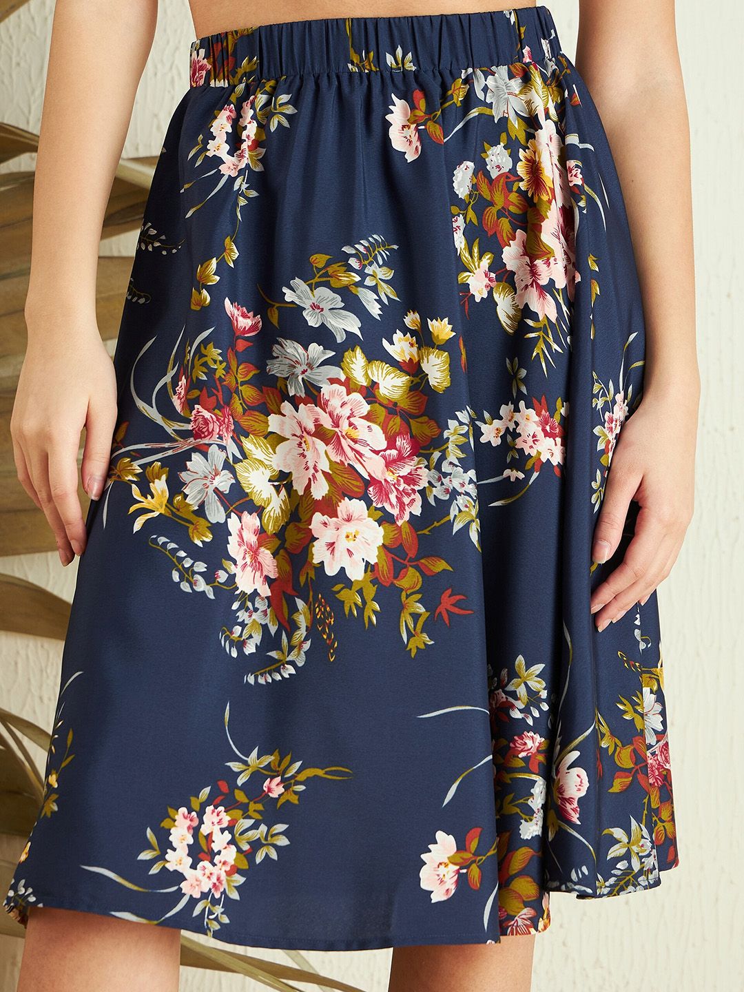 Berrylush Blue Floral Printed High-Rise Knee Length A-Line Skirt