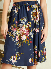 Berrylush Blue Floral Printed High-Rise Knee Length A-Line Skirt