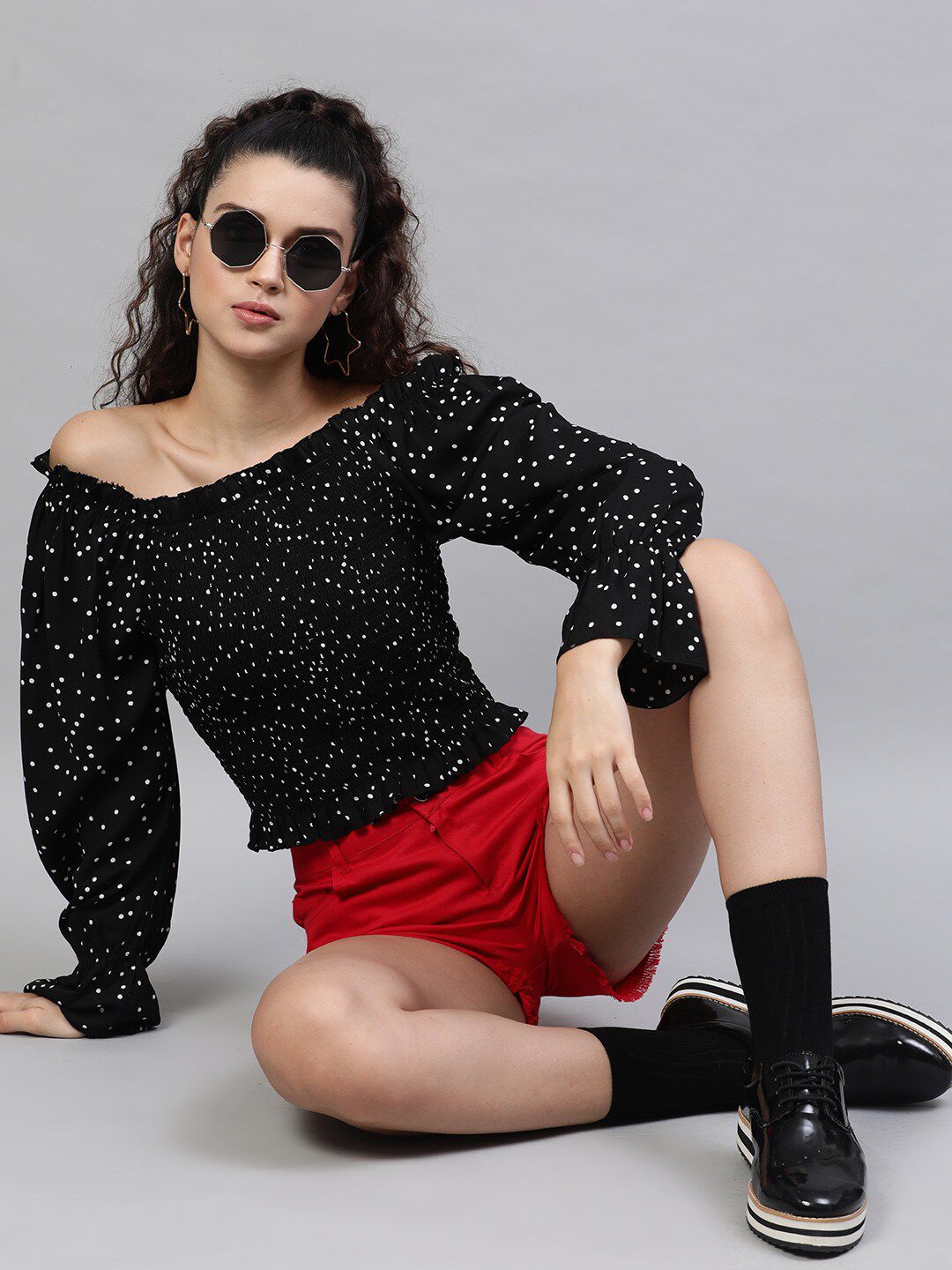 STREET 9 Black & White Polka Dot Print Off-Shoulder Smocked Monochrome Bardot Top
