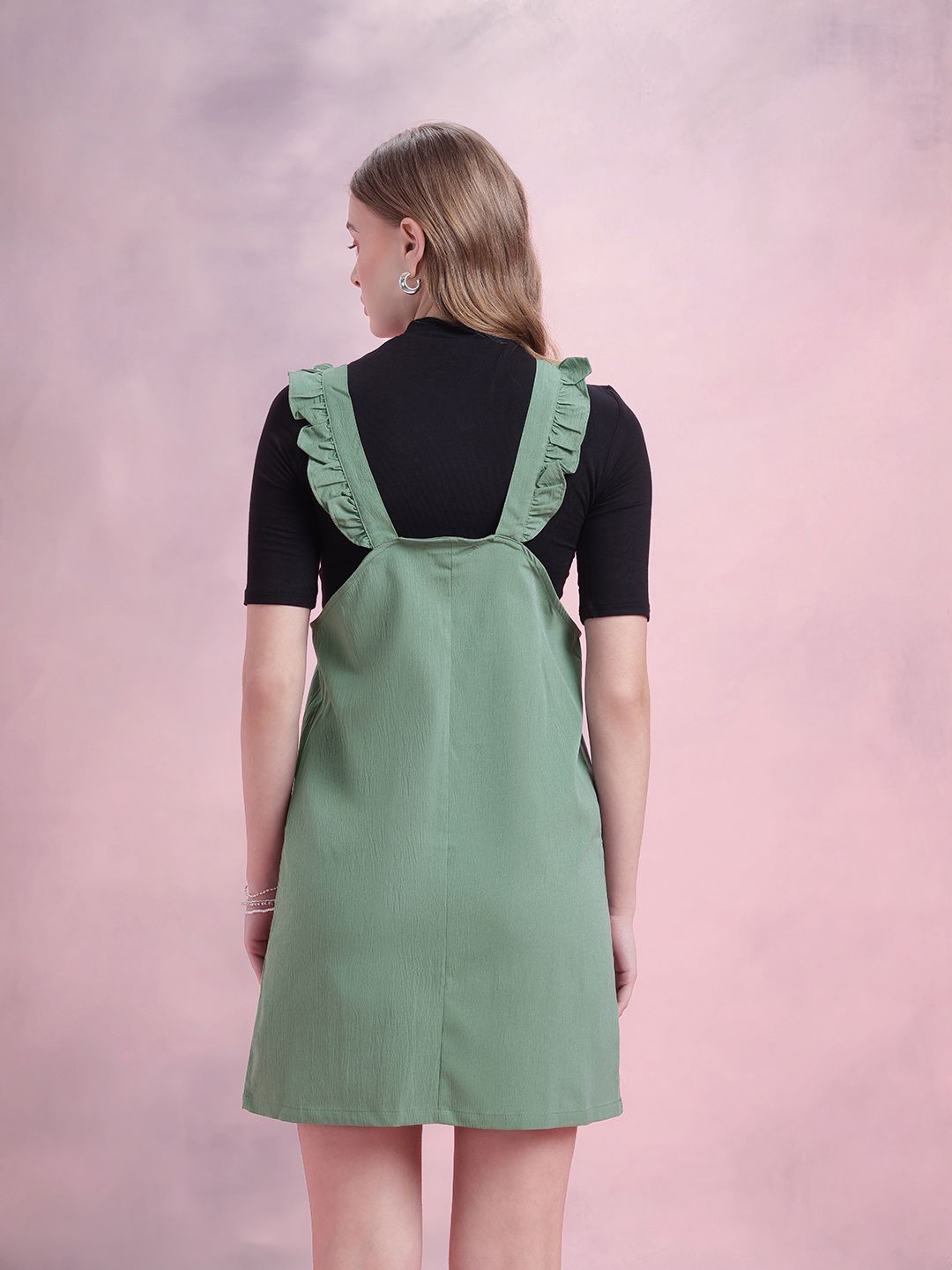 DressBerry Crinkled Effect Flutter Sleeves Pinafore Mini Dress with Pockets