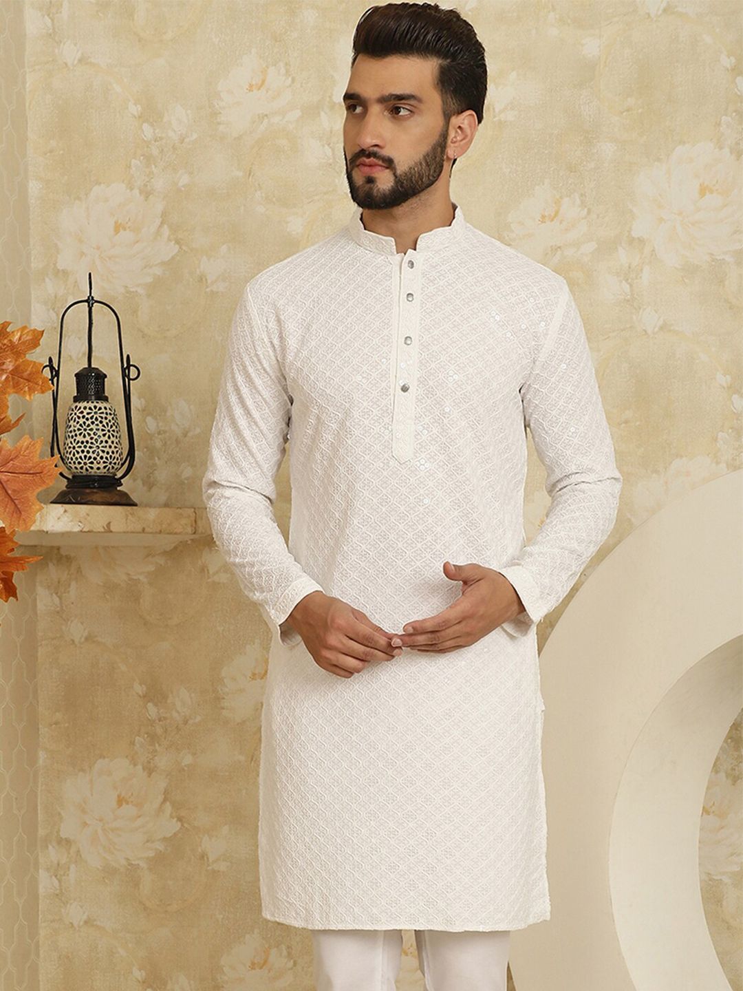 SOJANYA Kurta Lurus Kolar Mandarin Sulam Geometrik Kapas Tulen