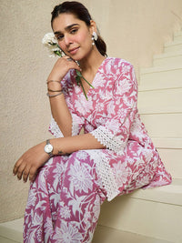 Indo Era Floral Printed V Neck Pure Cotton A-Line Kurta with Trousers