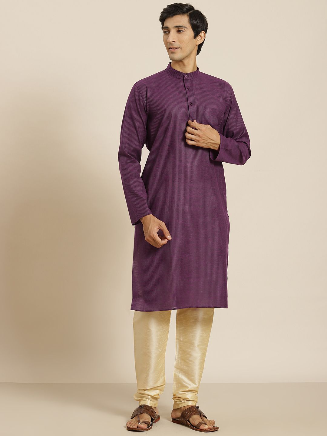 SOJANYA Lelaki Aubergine Striped Cotton Straight Kurta