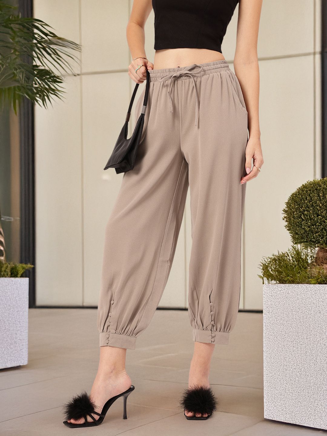 DressBerry Women Street Style Staple Buttoned-Cuffs Crop Trousers