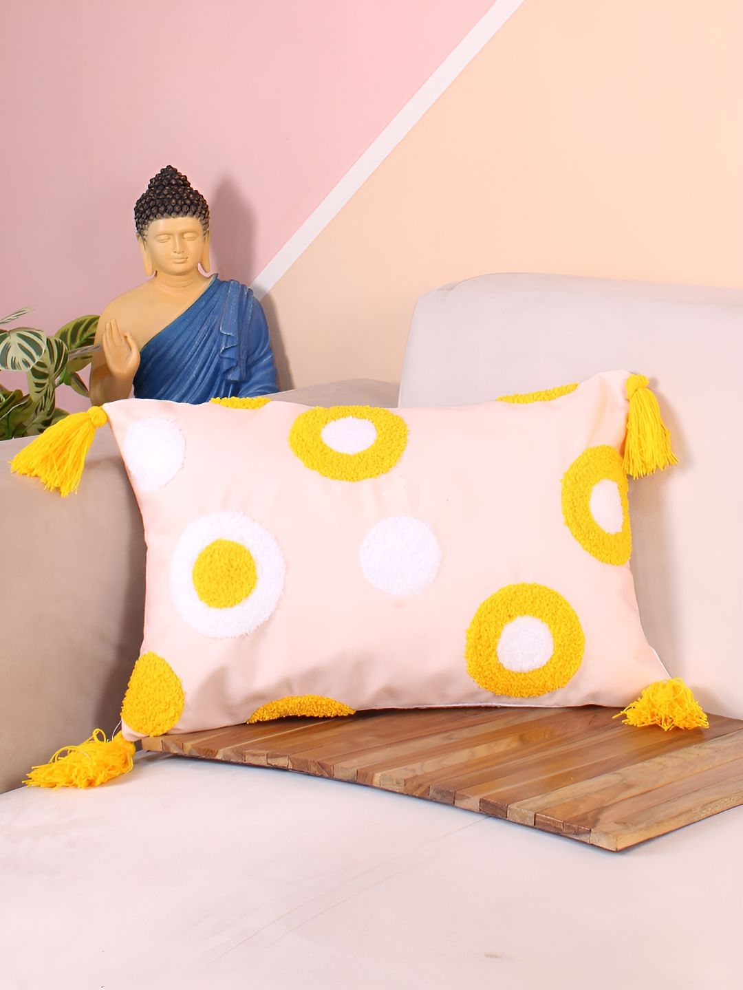 STITCHNEST Peach-Coloured & Yellow Embroidered Rectangle Cushion Cover