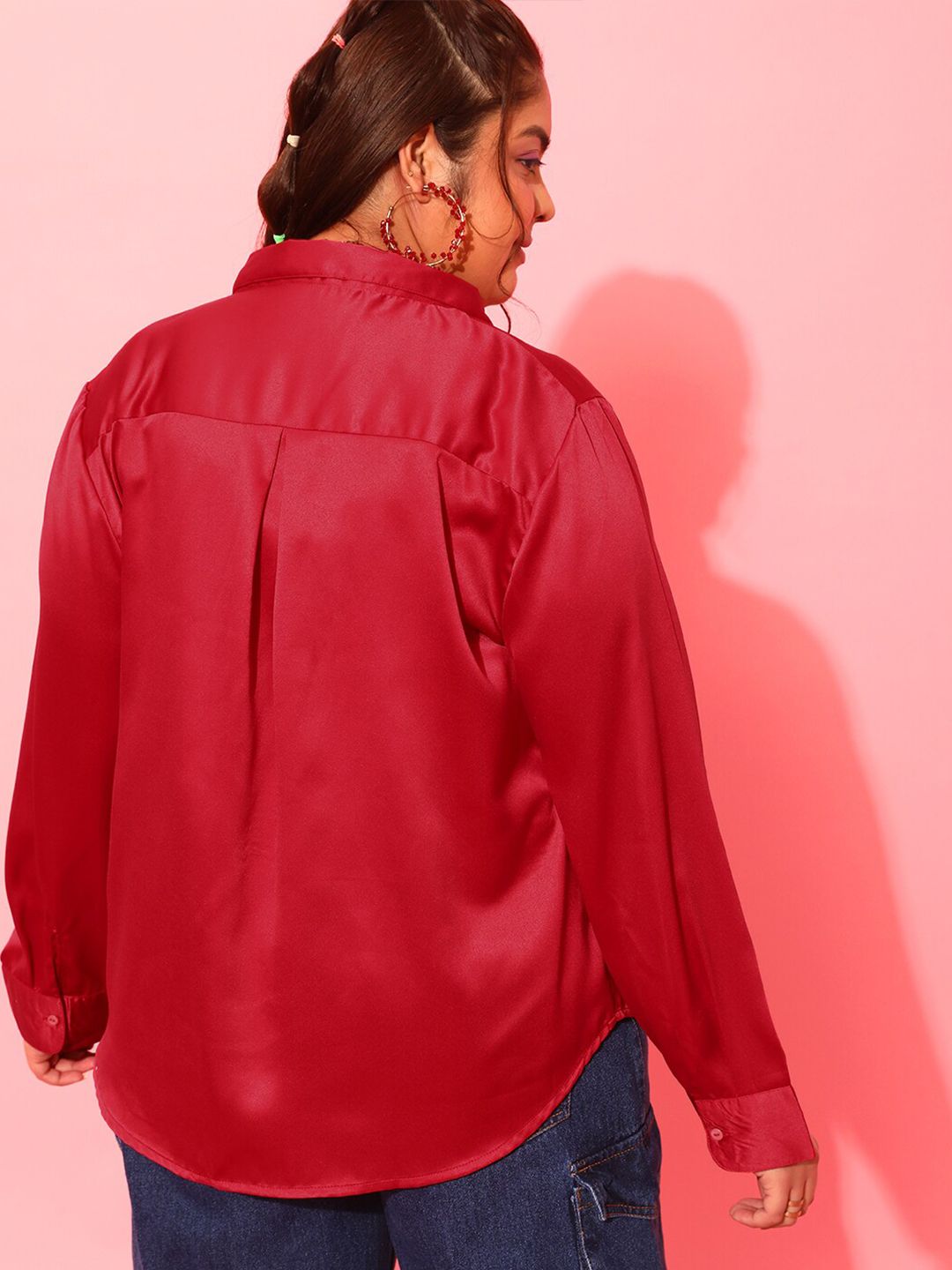 CURVY STREET Plus Size Red Classic Satin Casual Shirt