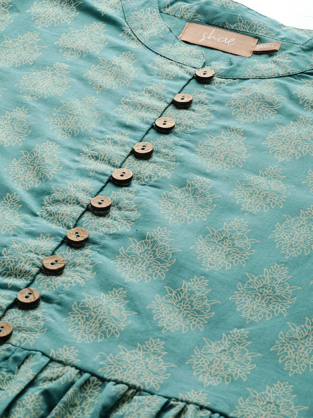 Shae by SASSAFRAS Women Teal Blue &amp; Off-White Printed A-Line Pure Cotton Top