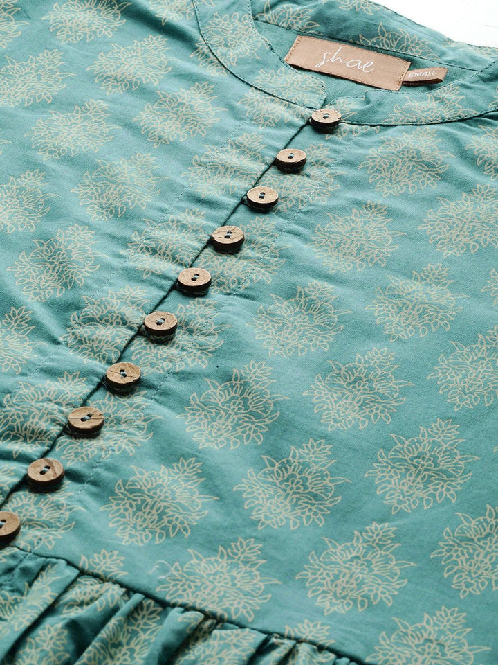 Shae by SASSAFRAS Women Teal Blue & Off-White Printed A-Line Pure Cotton Top