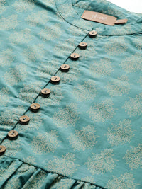 Shae by SASSAFRAS Women Teal Blue & Off-White Printed A-Line Pure Cotton Top