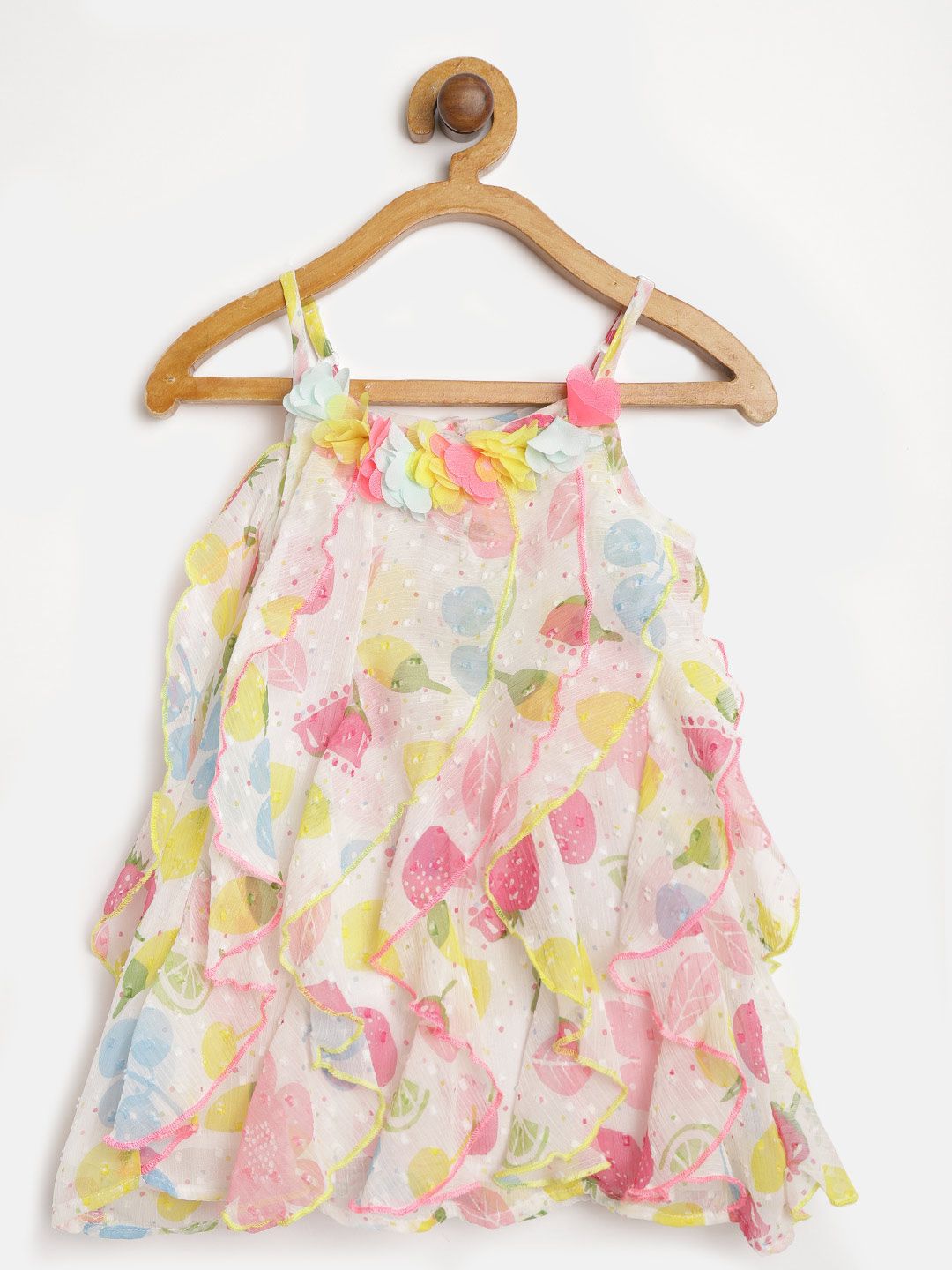 Nauti Nati Girls White & Pink Printed A-Line Dress with Ruffle Detail