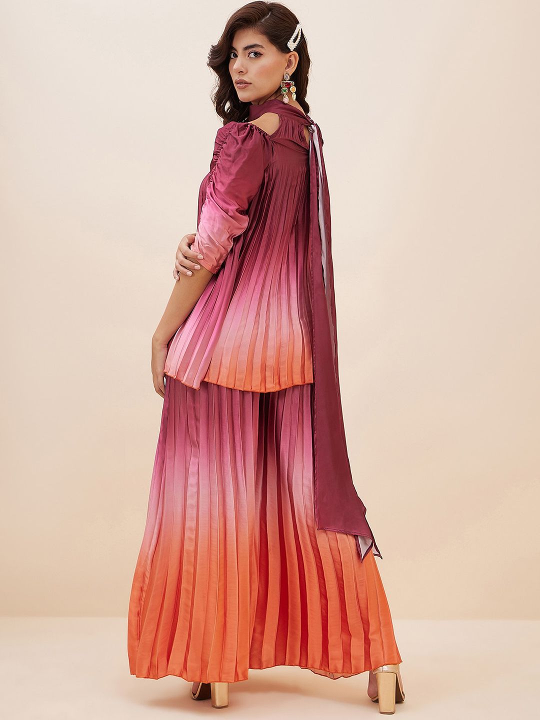 Antheaa Pink & Orange Ombre Pleated Halter Neck Tunic With Palazzos