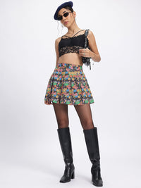 DressBerry Indie Vibe Printed Box Pleats Flared Mini Skirt