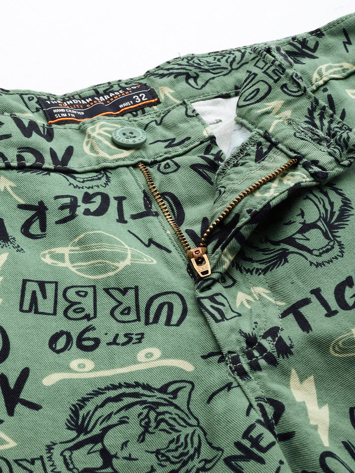 The Indian Garage Co Men Olive Green Printed Slim Fit Denim Shorts