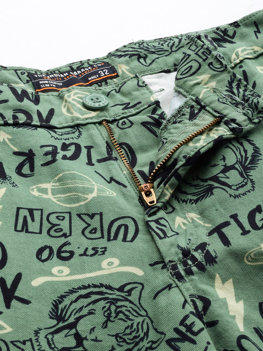 The Indian Garage Co Men Olive Green Printed Slim Fit Denim Shorts