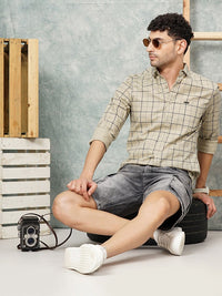 The Indian Garage Co Men Beige & Navy Blue Slim Fit Checked Casual Shirt