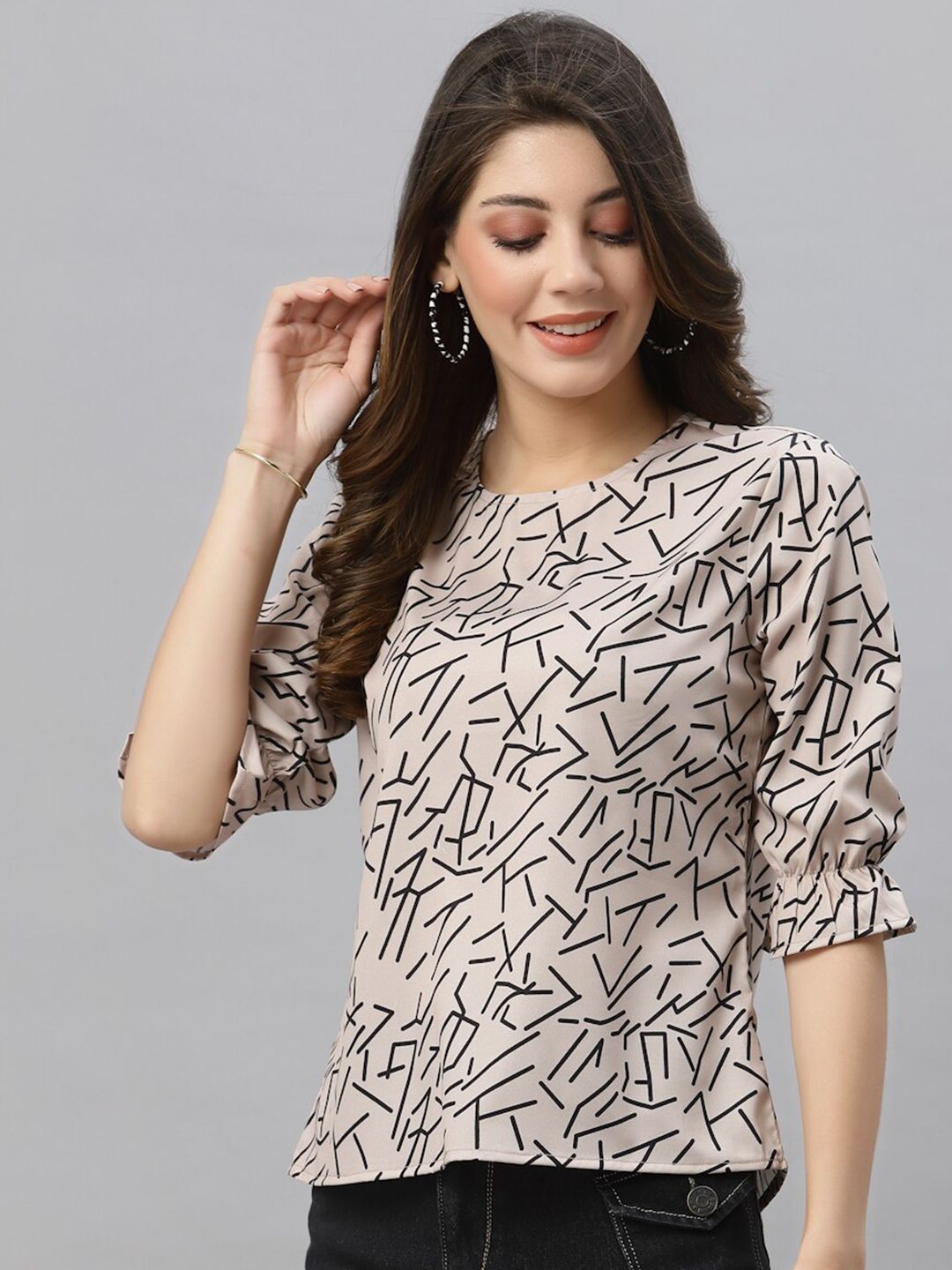 Style Quotient Nude-Coloured & Black Print Crepe Top