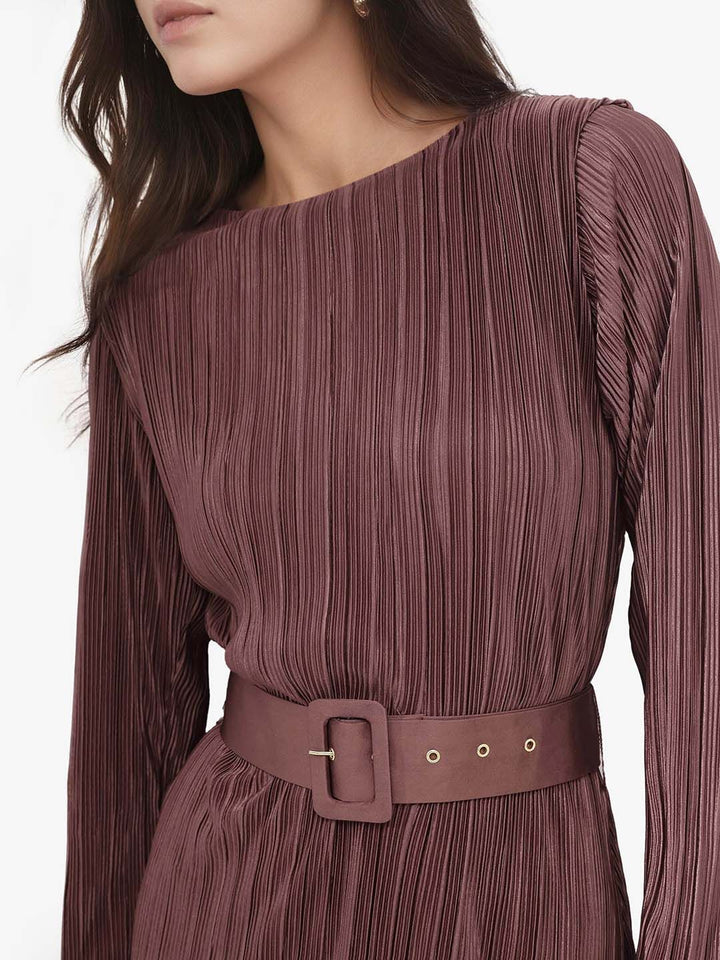 RAREISM Brown Self Design Long Sleeves A-Line Dress