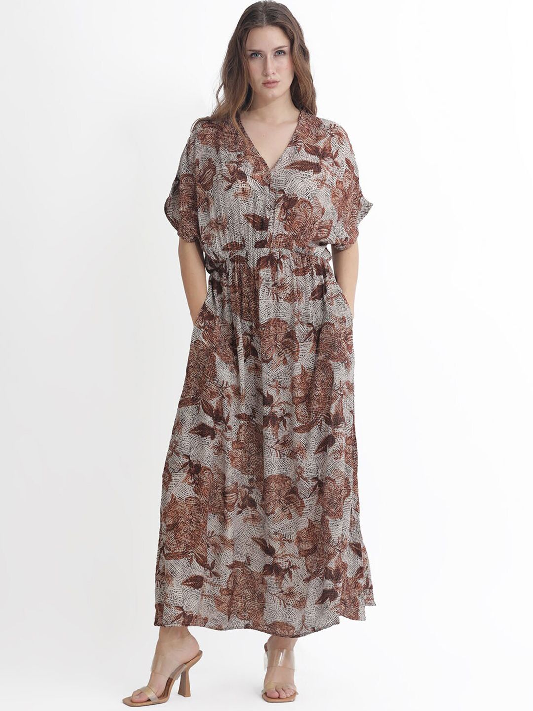 Rareism Abstract Printed V-Neck Fit and Flare Maxi Dress