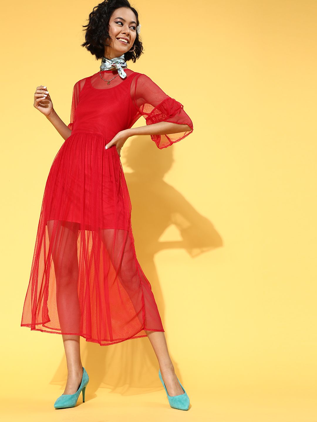 Athena Women Chic Red Solid Sheer Dress