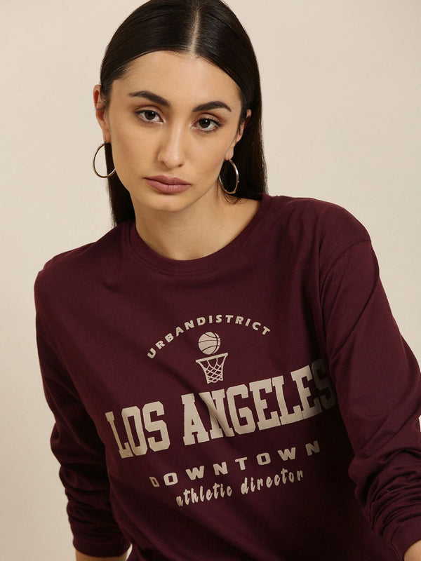 DILLINGER Women Maroon Varsity Printed Pure Cotton Oversized  T-shirt