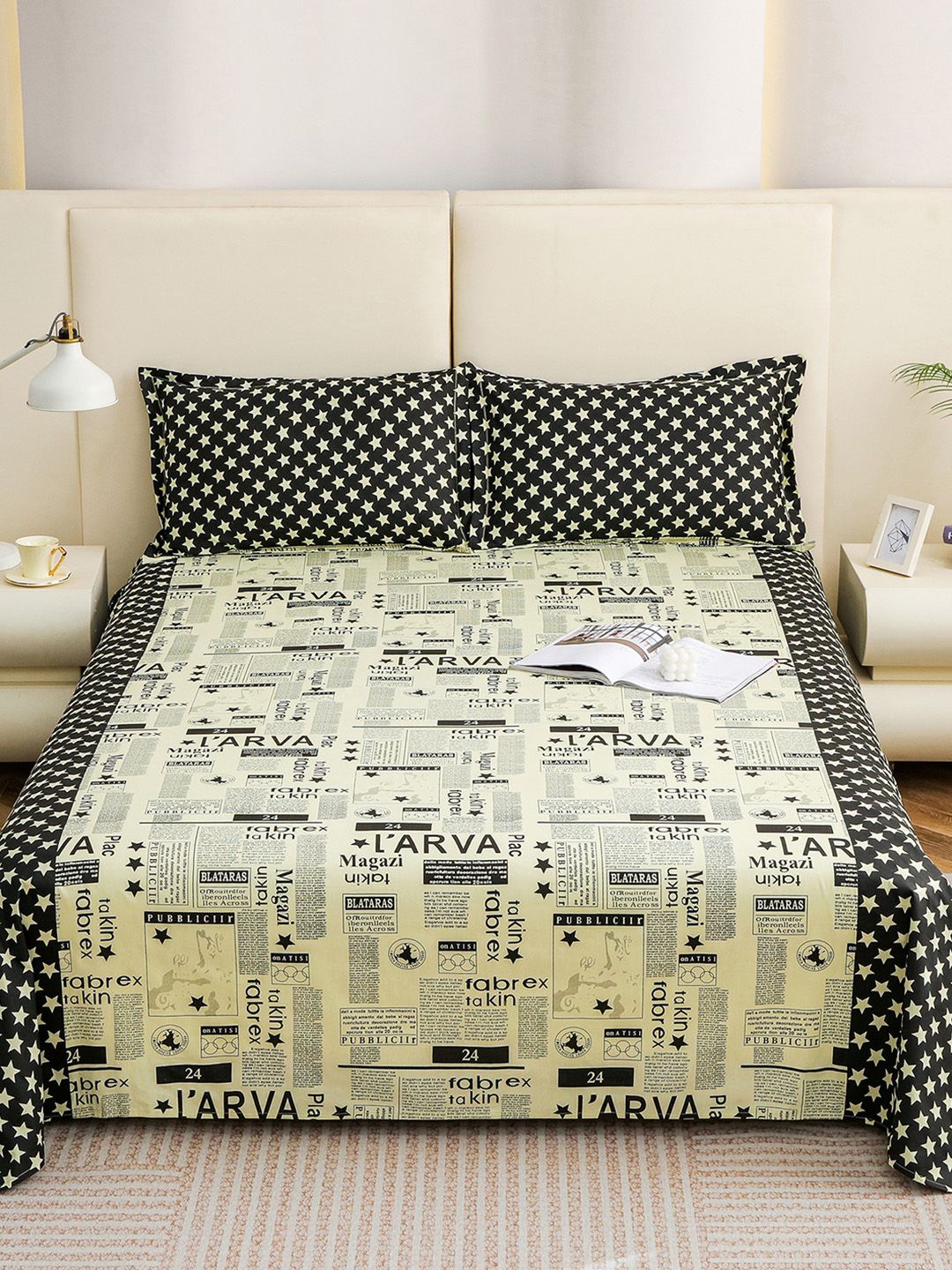 Story@home White Black Cotton 210 TC 1 King Double Bedsheet with 2 Pillow Covers