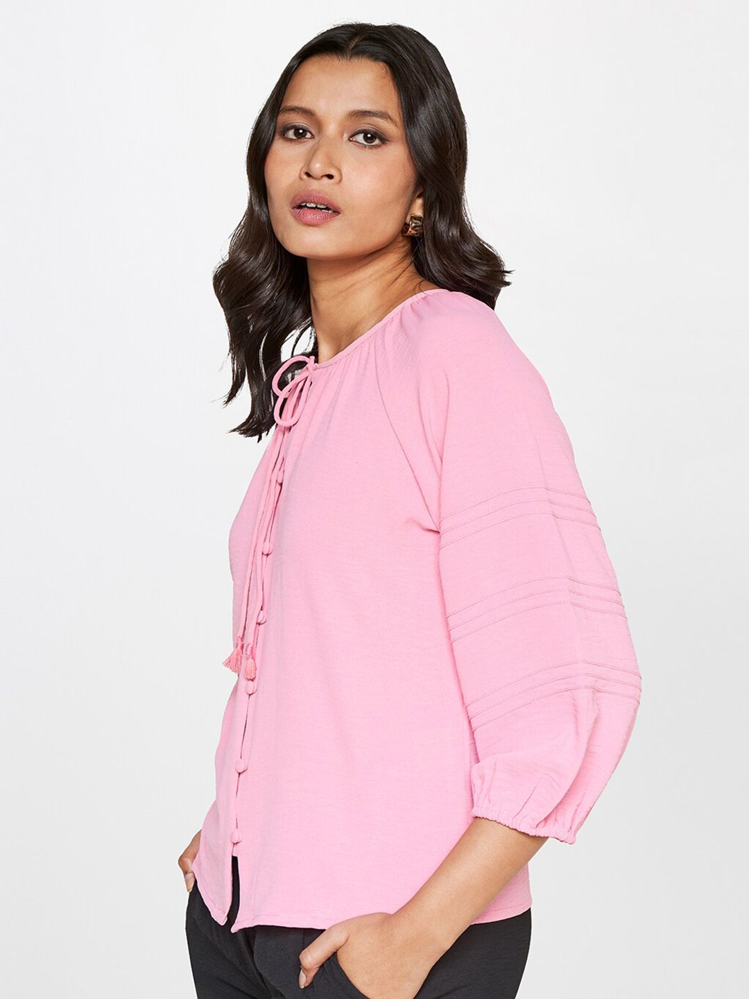 AND Tie-Up Neck Puff Sleeves Shirt Style Top