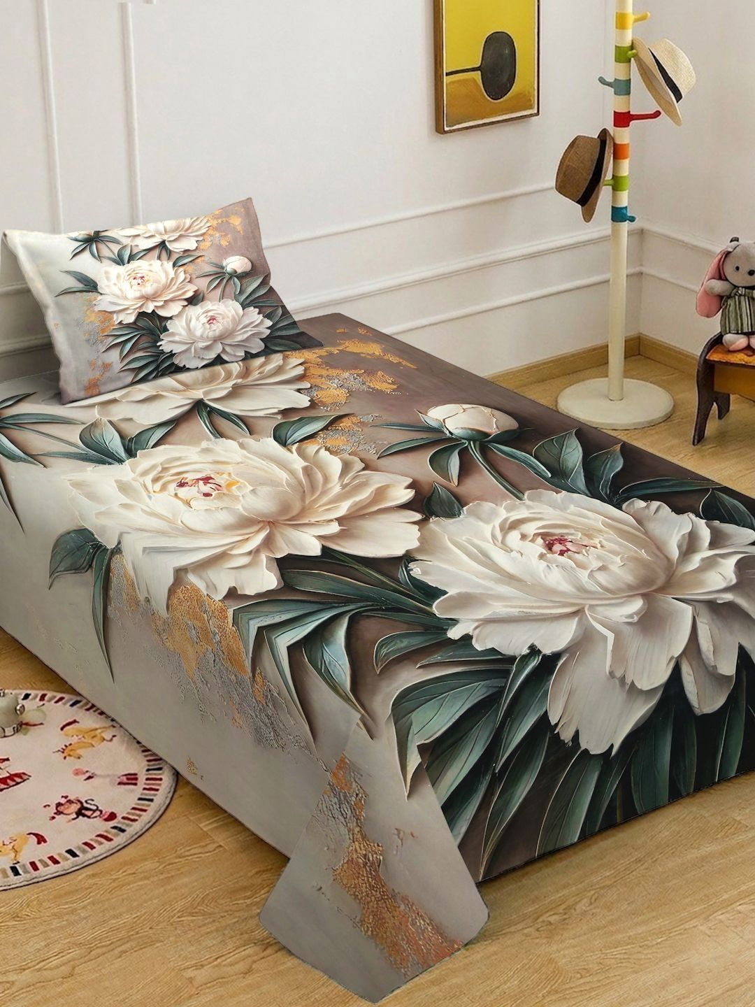 KLOTTHE Brown Floral 400 TC Single 7D Bedsheet with 1 Pillow Covers