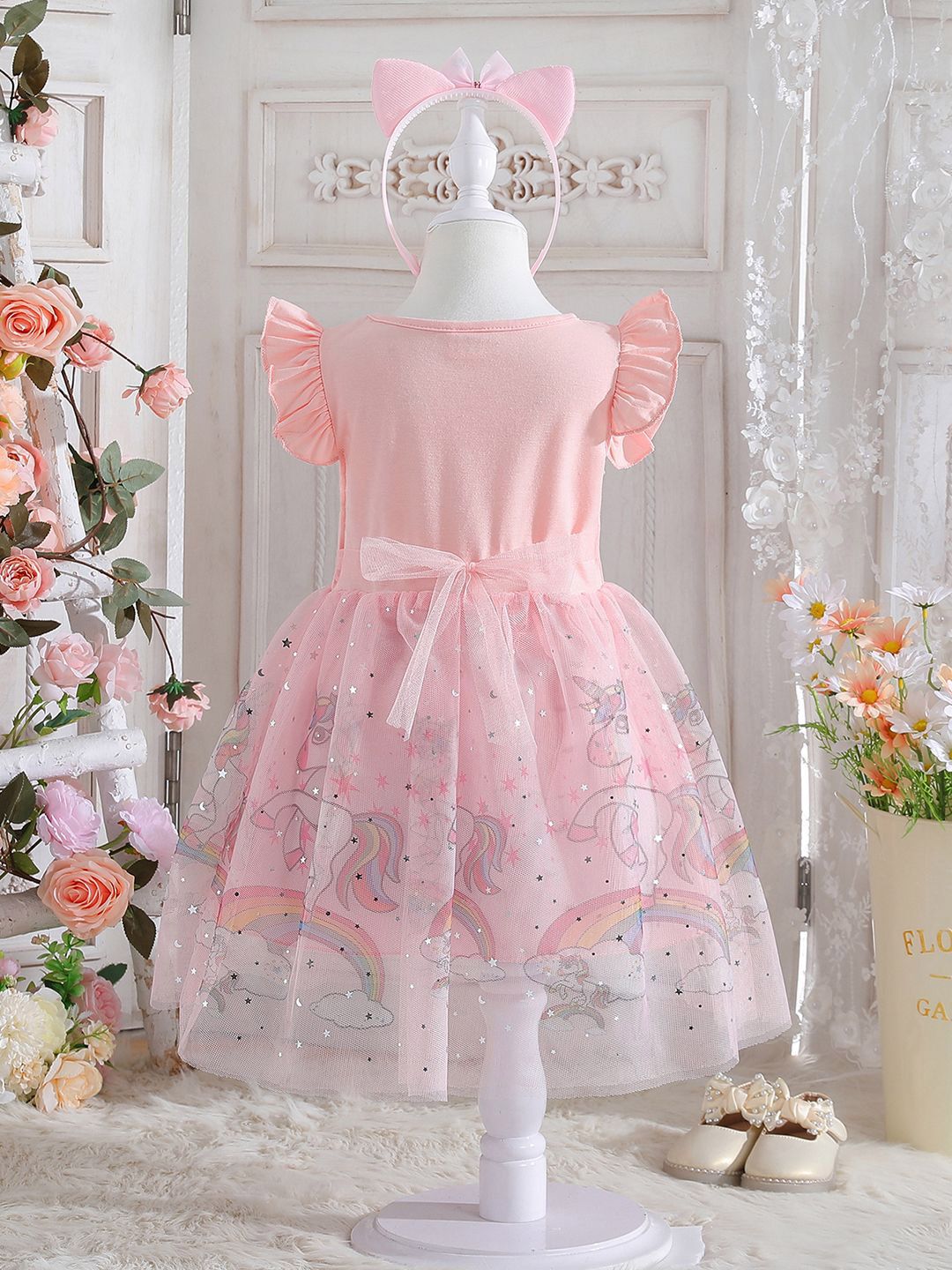 YK Girls Floral Printed Flutter Sleeve A-Line Dress