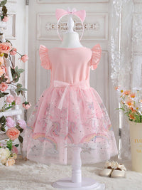 YK Girls Floral Printed Flutter Sleeve A-Line Dress