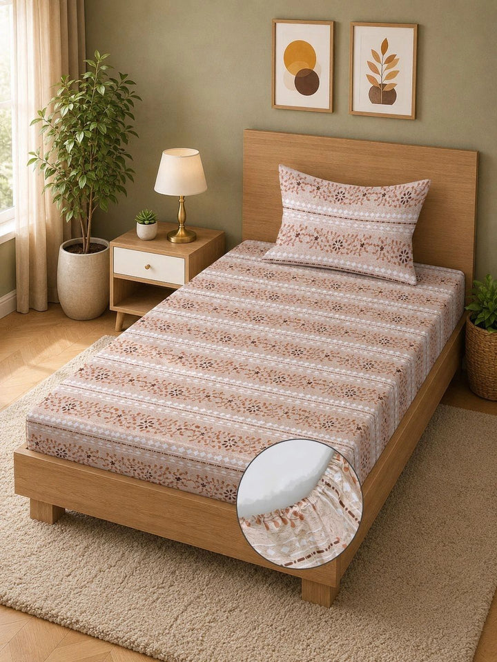 Moda Rapido X KLOTTHE Beige & Brown Floral 400 TC Cadar Tempat Tidur Single dengan 1 Sarung Bantal