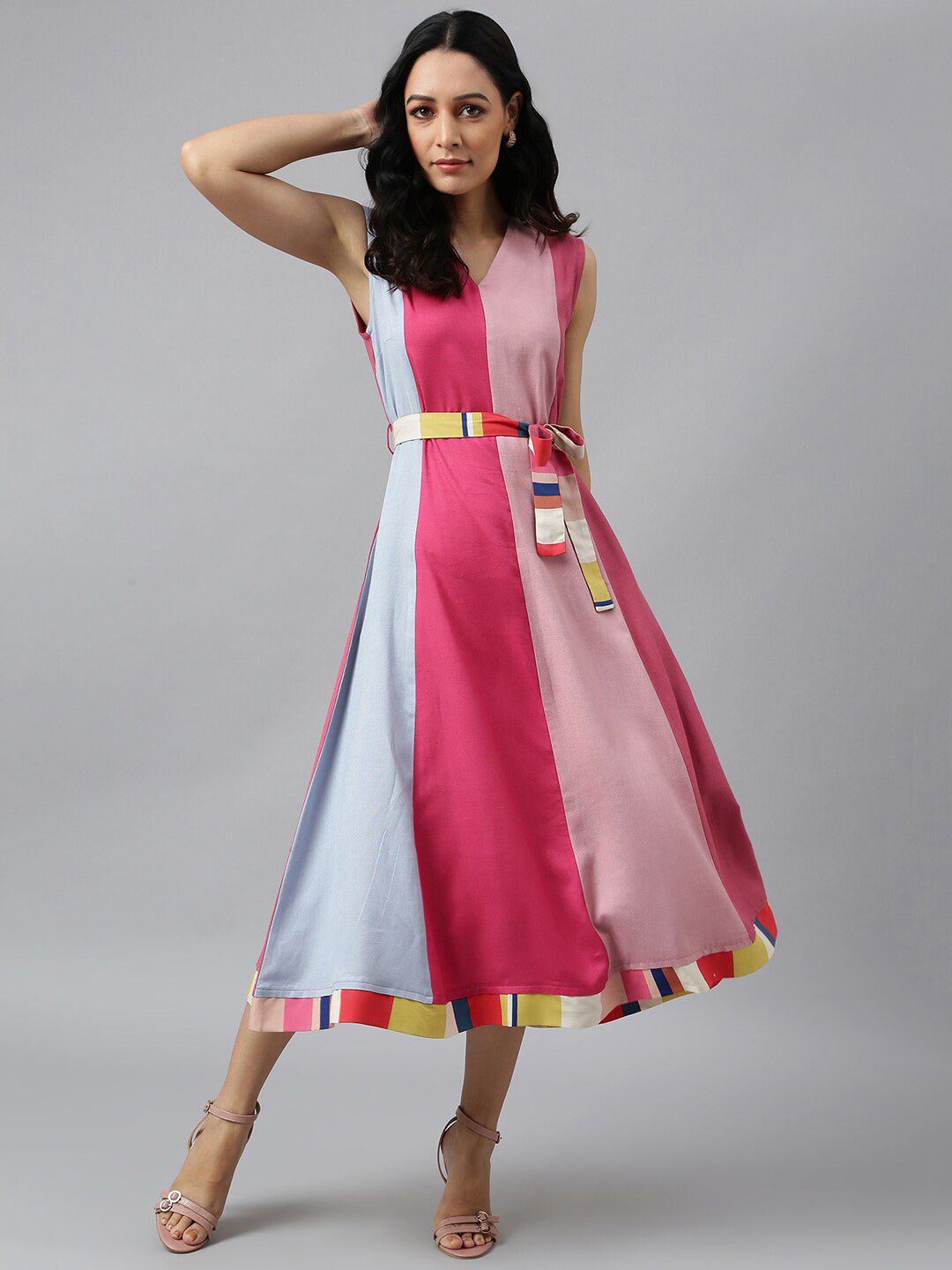 W Pink Colourblocked Midi Dress