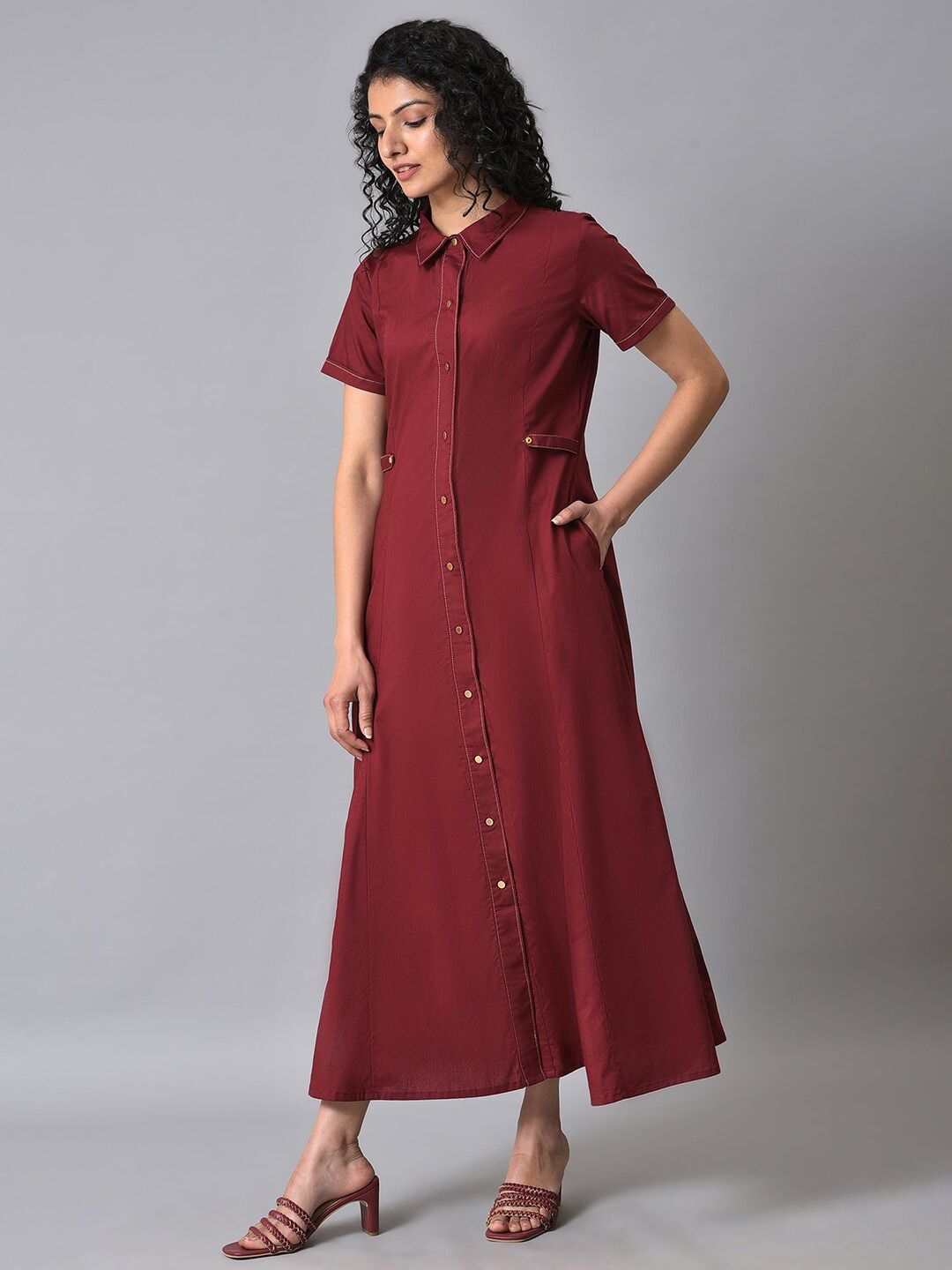 W Flared Hem Pure Cotton Shirt Maxi Dress