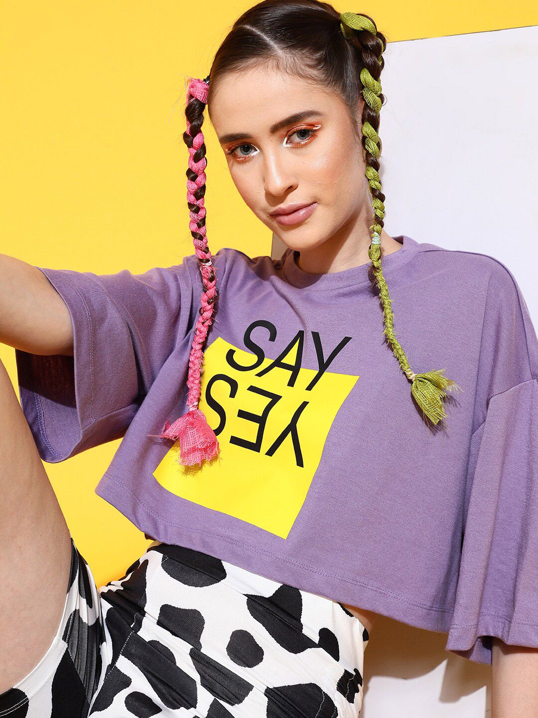 STREET 9 Women Lavender Printed Cotton Drop-Shoulder Sleeves Bio Finish Boxy T-shirt
